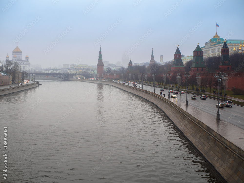 Moscow, Russia, panorama of Kremlin in rainy, foggy day