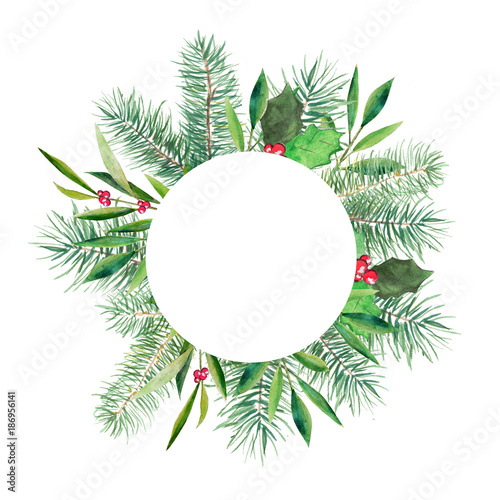 Christmas banner with round white space, firtree, holly and olive branch. Watercolor handdrawn illustration isolated on white background.
