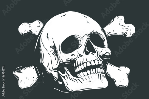 Hand drawn realistic human skull and bones. Monochrome vector illustration on black background.