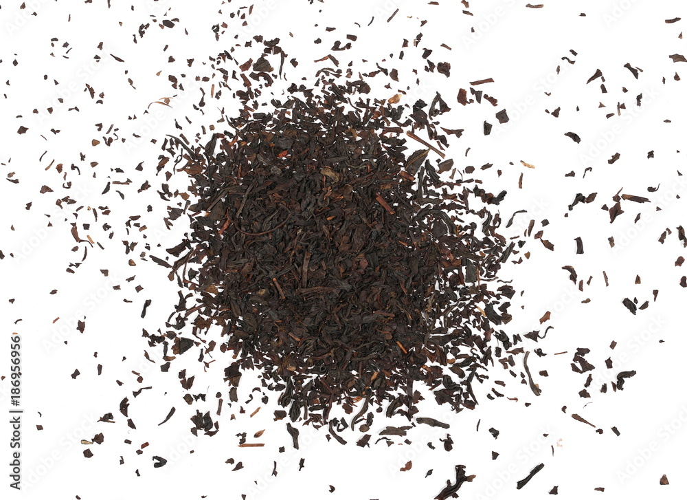 Dry black tea leaves isolated on white background, top view Dry black tea leaves isolated on white background, top view