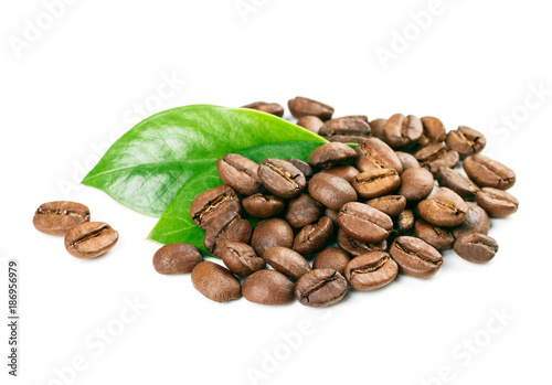 Coffee beans with leaves isolated on white background