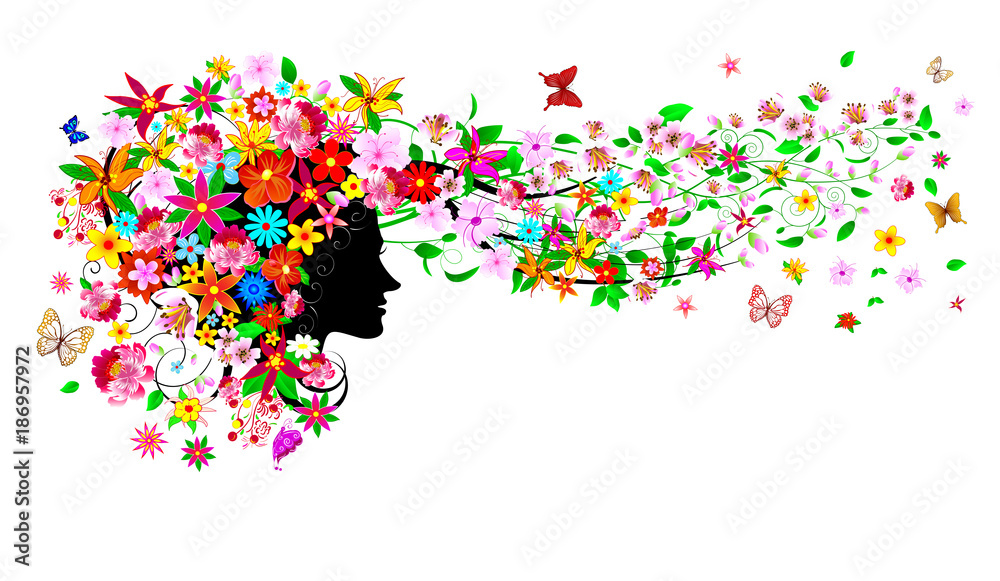 Blooming woman in spring.Girl with flowers and butterflies Blooming woman in spring.Girl with flowers and butterflies