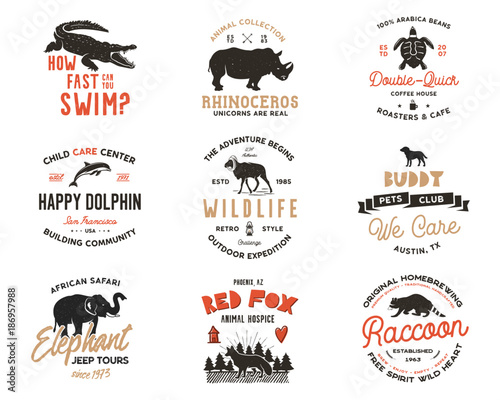 Wild animal Badges set and great outdoors activity insignias. Retro illustration of animal badges. Typographic camping style. Vector wild Animal logos with letterpress effect. Explorer quotes. Part 2