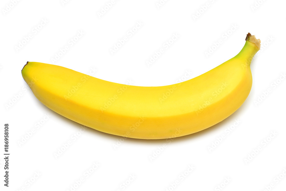 Single banana against white background. Isolated. Flat lay, top view. Yellow Fruit Single banana against white background. Isolated. Flat lay, top view. Yellow Fruit