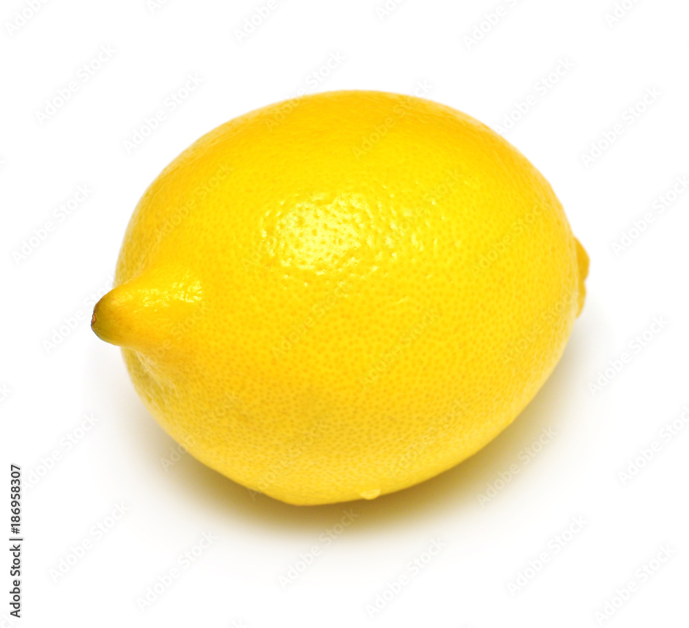 One lemon isolated on white background. Tropical fruit. Flat lay, top view One lemon isolated on white background. Tropical fruit. Flat lay, top view