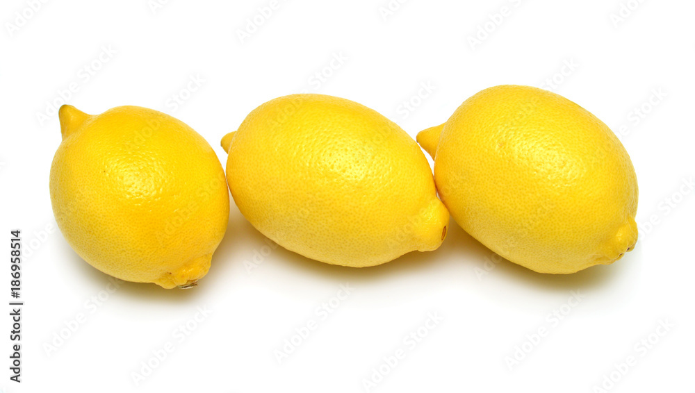 Three lemons isolated on white background. Tropical fruit. Flat lay, top view Three lemons isolated on white background. Tropical fruit. Flat lay, top view