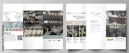 Tri-fold brochure business templates on both sides. Easy editable abstract vector layout in flat design. Colorful background made of dotted texture for travel business, urban cityscape.