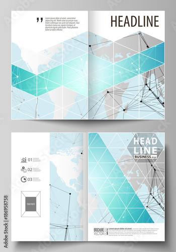 The vector illustration of the editable layout of two A4 format modern cover mockups design templates for brochure, magazine, flyer. Futuristic high tech background, dig data technology concept.