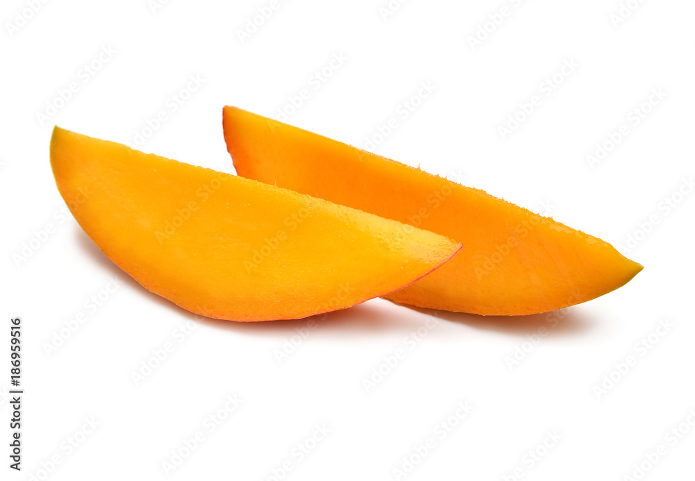 Slices mango isolated on a white background. Tropical fruit, apple. Flat lay, top view