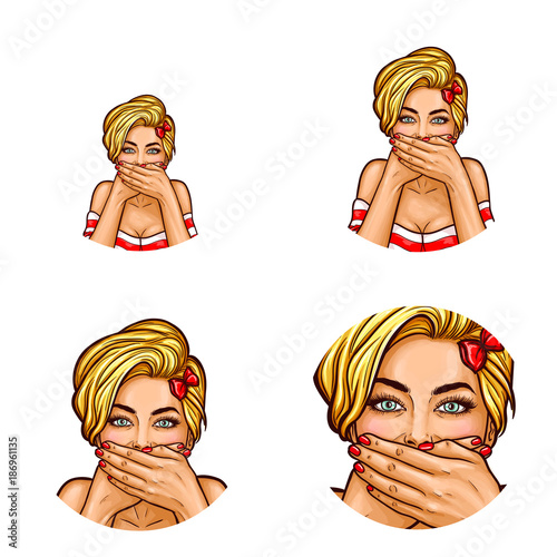 Set of vector pop art round avatar icons for users of social networking, blogs, profile icons. Beautiful woman with blond hair and red bow on her head covered her mouth with palms, silence, not say
