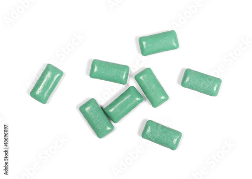 Fotografie Green chewing gum isolated on white background, top view