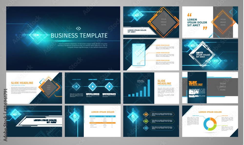 Vector business template set. Blue abstract banner, presentation with infographics, chart, diagram layout. Corporate annual report, advertising, marketing background. Brochure, flyer leaflet cover. - obrazy, fototapety, plakaty 