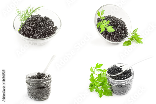 Collage of black beluga caviar on a white background cutout