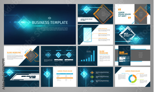 Vector business template set. Blue abstract banner, presentation with infographics, chart, diagram layout. Corporate annual report, advertising, marketing background. Brochure, flyer leaflet cover. photo