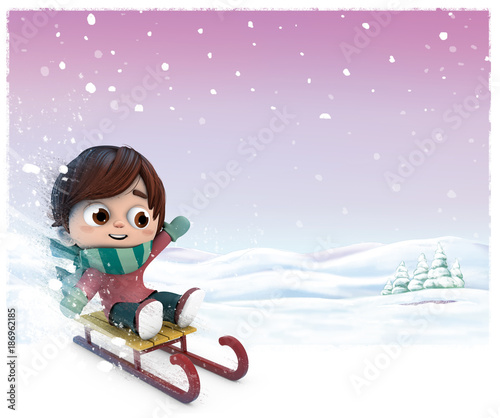 niño en la nieve con trineo Stock Illustration