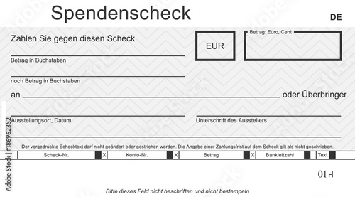 Vektor-Spendenscheck mit modernem Design. Original Spendenscheck - blanko blue. Blankoüberprüfung mit freiem Platz für Ihren Text.

