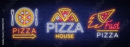 Pizza set of logos, emblems, neon signs. Collection of logos in neon style, bright neon sign advertising food Italian, Pizza, appetizer, cafe, bar and restaurant. Vector illustration