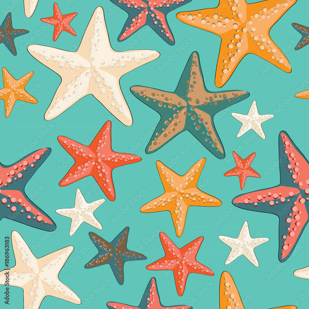 Beautiful colorful starfish seamless pattern. Vector illustration on turquoise background