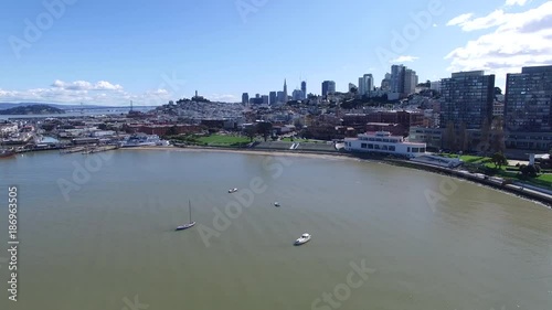 Aerial Drone View of San Francisco, California, USA, Aerial Birds Eye View of Downtown, Ghirardelli Square & Fishermans Wharf, Boats of the Ocean Harbor, SF Pier photo