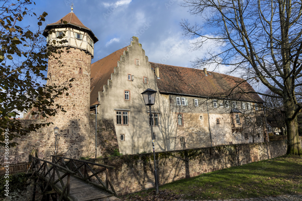 Fototapeta premium historic city wall with watch tower in Michelstadt, Germany