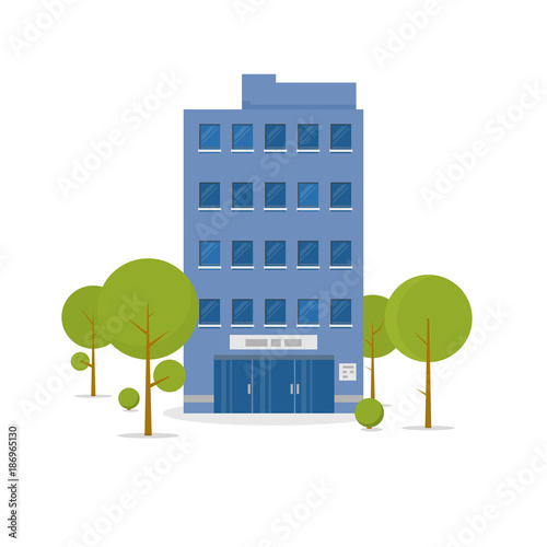 Business building in green recreation park zone. Downtown office with board, and big central entrance and green trees near building. Urban architecture concept. Flat style vector illustration.
