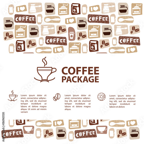 Coffee Menu or Package Concept. Infographics Banner. Outline Vector Icons for Promotion and Advertising Vacation Business