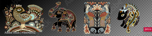 set of ethnic decorative animals and birds in ukrainian traditio