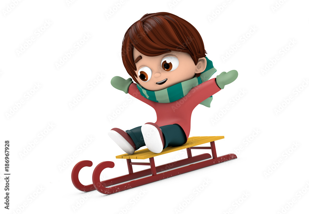 Niño en un trineo deslizándose por la nieve Stock Illustration