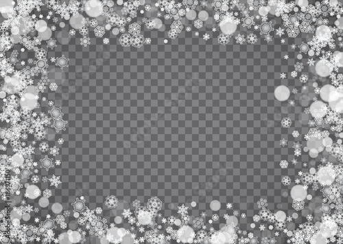 Isolated snowflakes on transparent grey background. Winter sales, Christmas and New Year design for party invitation, banner, sale. Horizontal winter window. Magic isolated snowflakes. Silver flakes