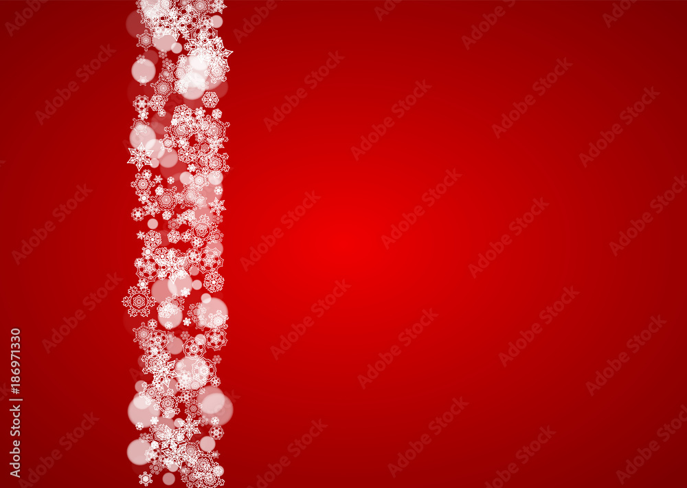 Christmas frame with falling snow on red background. Santa Claus colors. Horizontal Christmas frame with white frosty snowflakes for banners, gift cards, party invitations and special business offers.