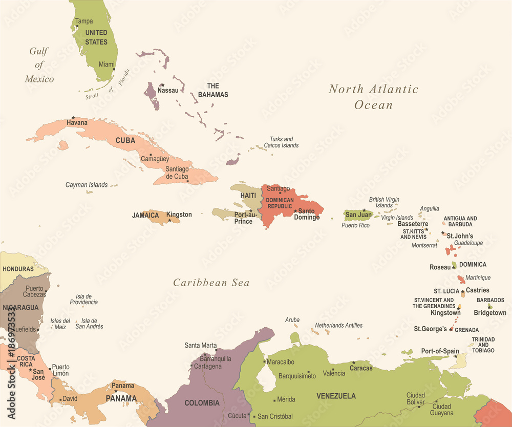 Obraz premium The Caribbean Map - Vintage Vector Illustration