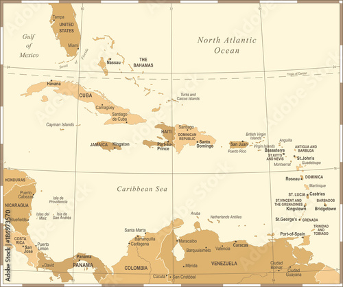 The Caribbean Map - Vintage Vector Illustration