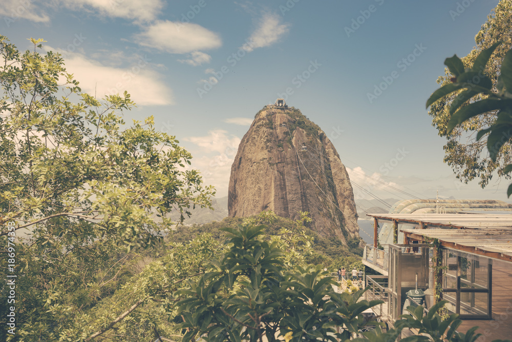 Brazil, Rio de Janeiro, view to Sugarloaf Mountain with ropeway station on Morro da Urca Brazil, Rio de Janeiro, view to Sugarloaf Mountain with ropeway station on Morro da Urca