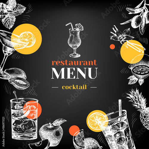 Restaurant chalkboard menu. Hand drawn sketch cocktails and fruits vector illustration