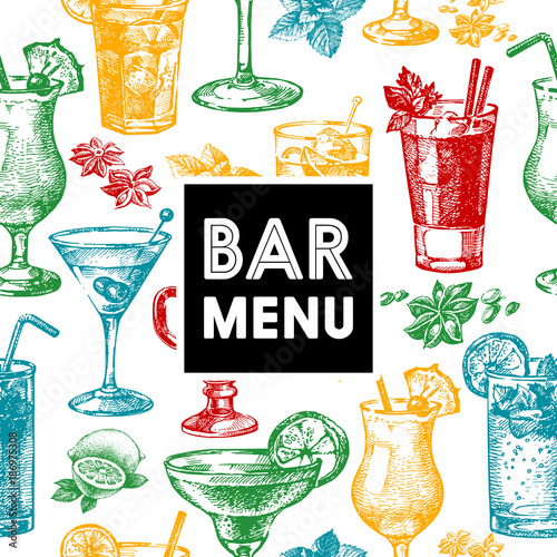 Restaurant and bar menu. Hand drawn sketch cocktails vector illustration