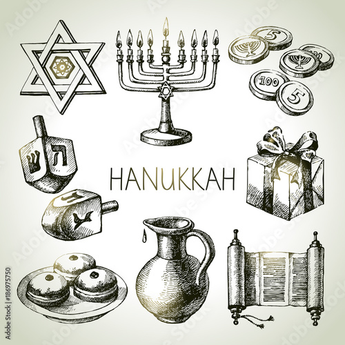 Hand drawn sketch Hanukkah elements set. Israel festival objects and symbols. Vector illustration