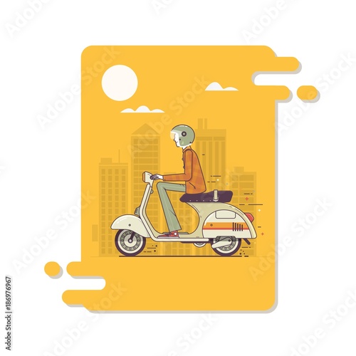 Hipster man riding fast retro scooters.Modern thin linear stroke illustration