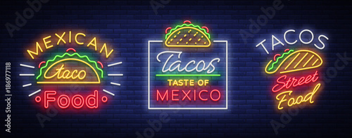 Tacos set of neon-style logos. Collection of neon signs, symbols, bright billboard, nightly advertising of Mexican food Tako. Vector illustration for your projects, restaurant, cafe