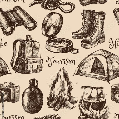 Hike and camping tourism hand drawn vintage seamless pattern. Vector illustration