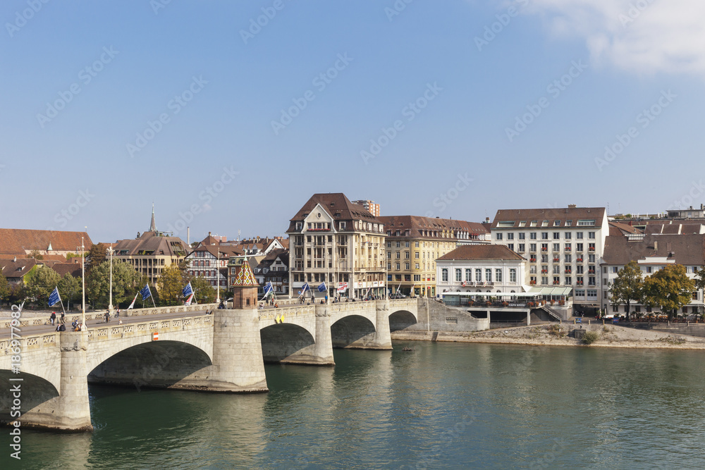 Switzerland, Basel, Mittlere Bruecke above Rhine River Switzerland, Basel, Mittlere Bruecke above Rhine River
