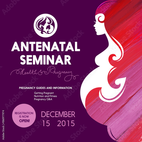 Beautiful pregnant woman silhouette. Antenatal seminar training poster. School for parent design. Vector illustration