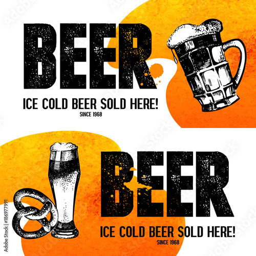 Banners of Oktoberfest beer design. Hand drawn sketch illustrations. Splash blob backgrounds