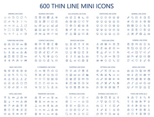 600 vector thin line mini icons set. Thin line simple outline icons, 24x24px grid. Pixel Perfect. Editable stroke.