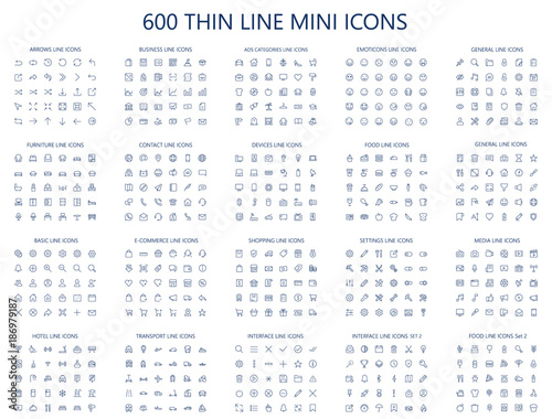 600 vector thin line mini icons set. Thin line simple outline icons, 24x24px grid. Pixel Perfect. Editable stroke. photo