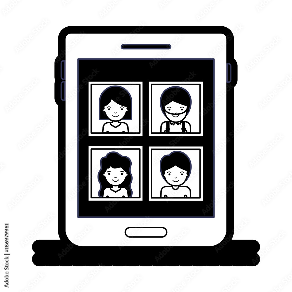 people picture profiles social network in tablet device screen in black silhouette with thick contour