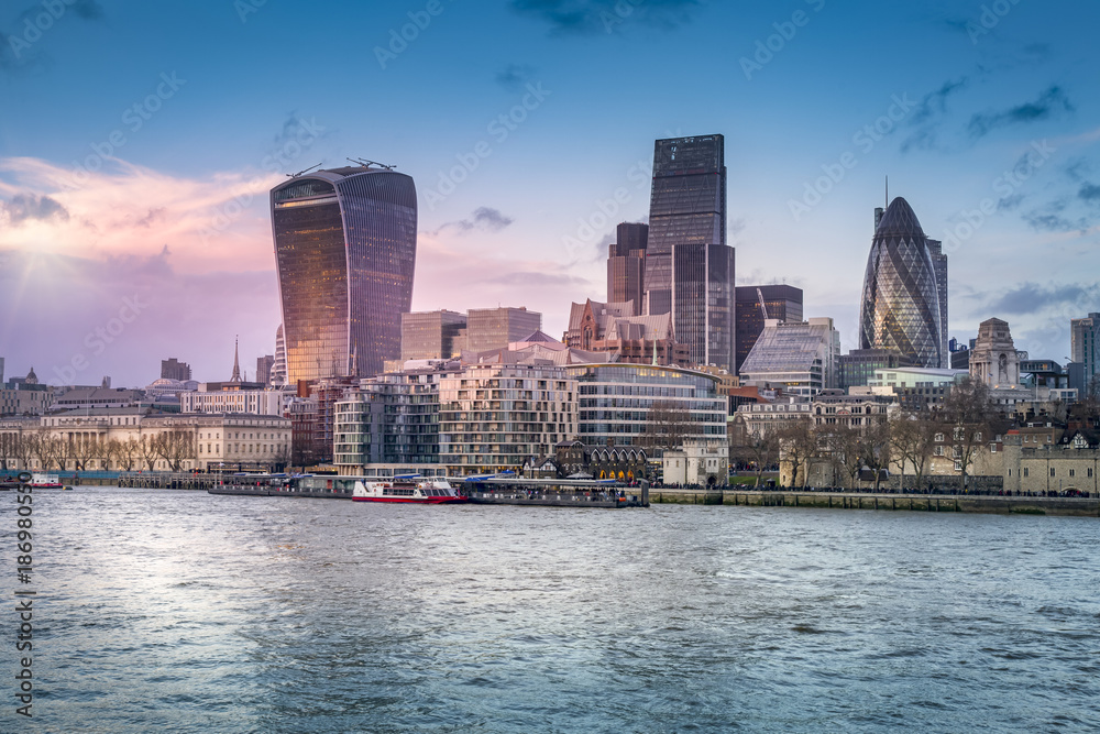 UK, London, view to skyline with Thames River in the foreground