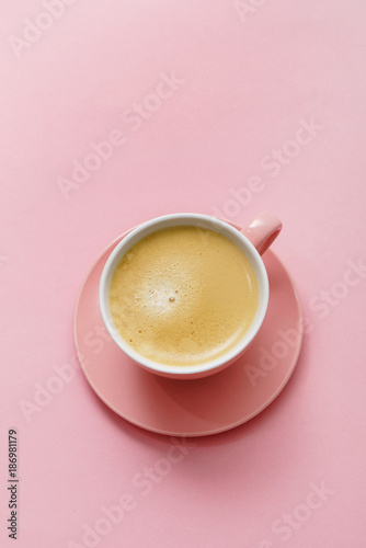 coffee in pink pastel table top view