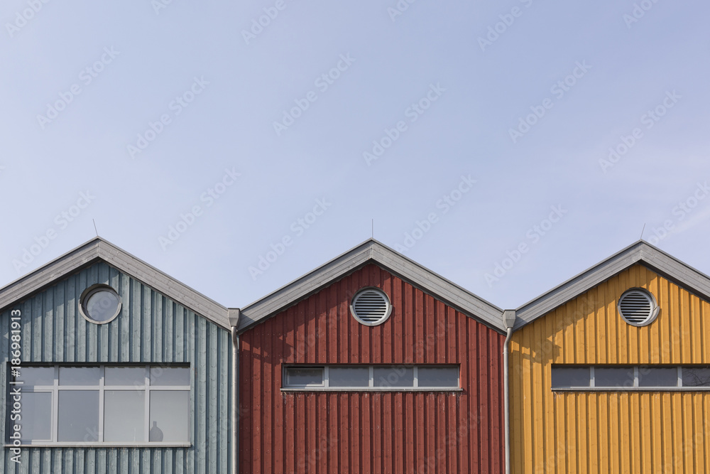 Germany, Warnemuende, row of three wooden houses Germany, Warnemuende, row of three wooden houses