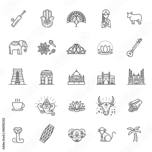 India icons set. Indian attractions, line design. Tourism in India, isolated vector illustration. Traditional symbols.