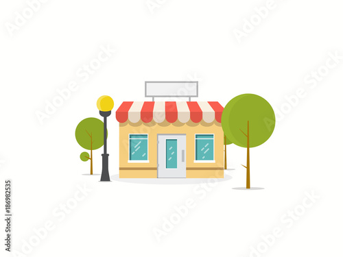 Online store building. Store building near park with trees. Flat vector illustration. Tree and bushes with street lamp. Trendy retro color style.